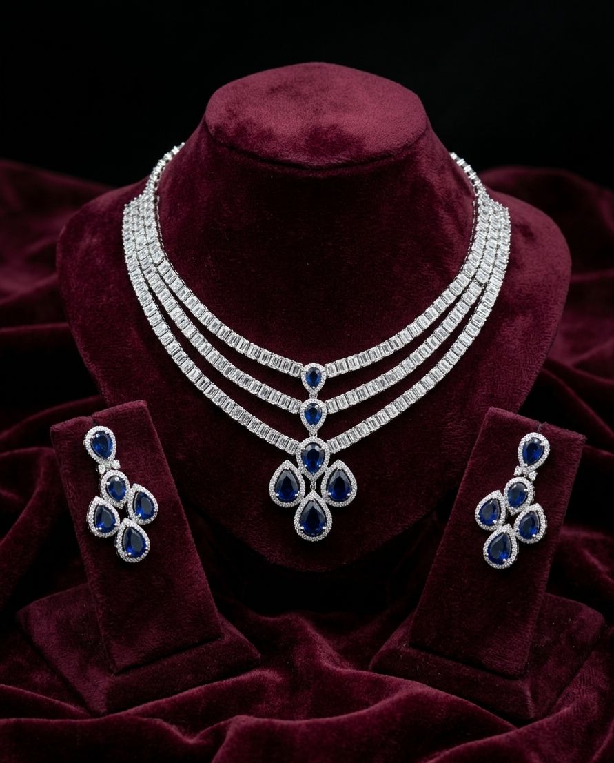 Designer American Diamond Zircon Three-Layered Necklace Set