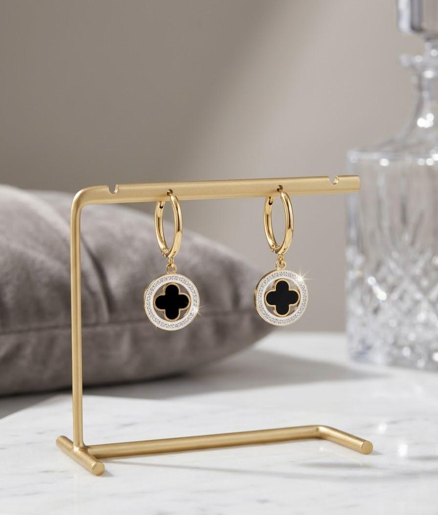 Black Enamel Four-Leaf Clover Huggie Hoop Earrings with Crystal Halo