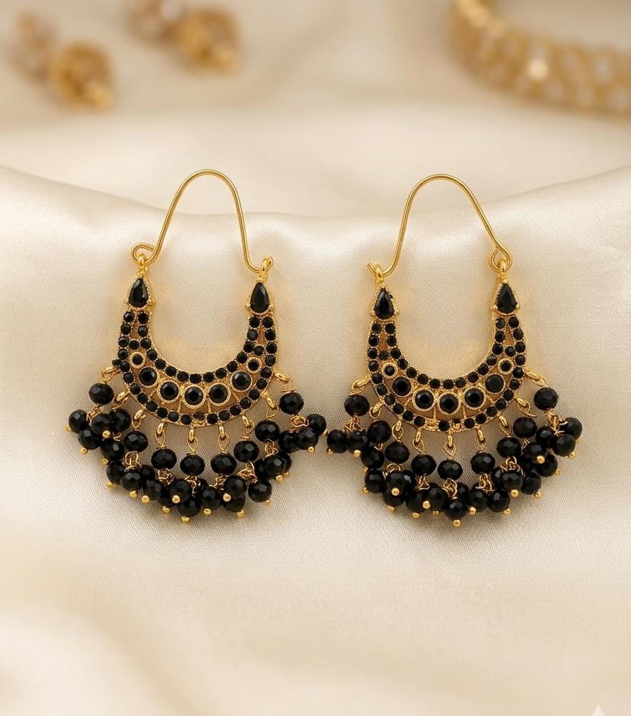 Elegant Black Beaded Gold Crescent Moon Chandbali Hoop Earrings