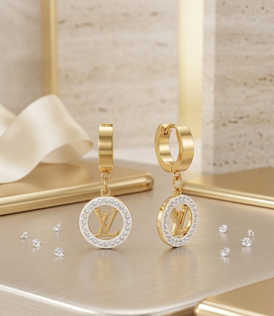 Louis Vuitton Gold-Finish Sparkling Louise Hoop Earrings with Crystal LV Circle Charm